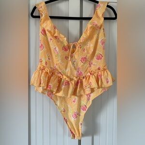 MENTIONABLES x Karlie Rae Lang Teddy Bodysuit Size XL Yellow Floral Ruffle